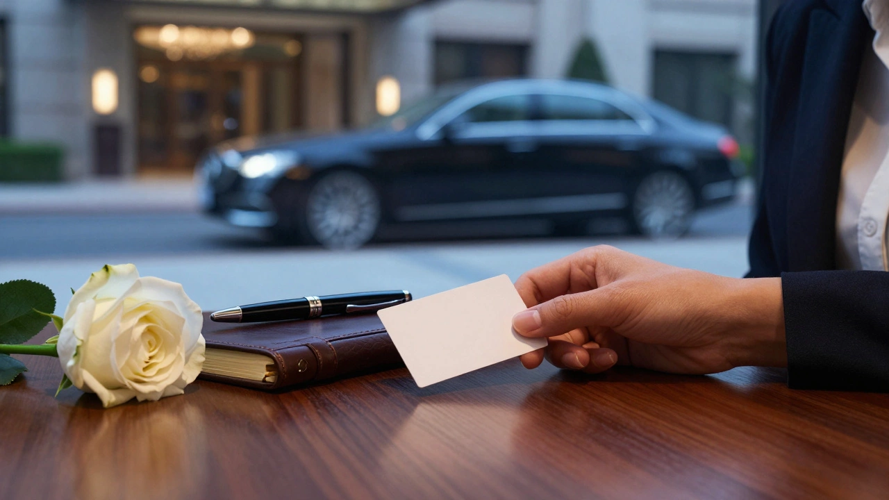 A woman&#039;s hands place a business card beside a journal and rose on a polished desk.