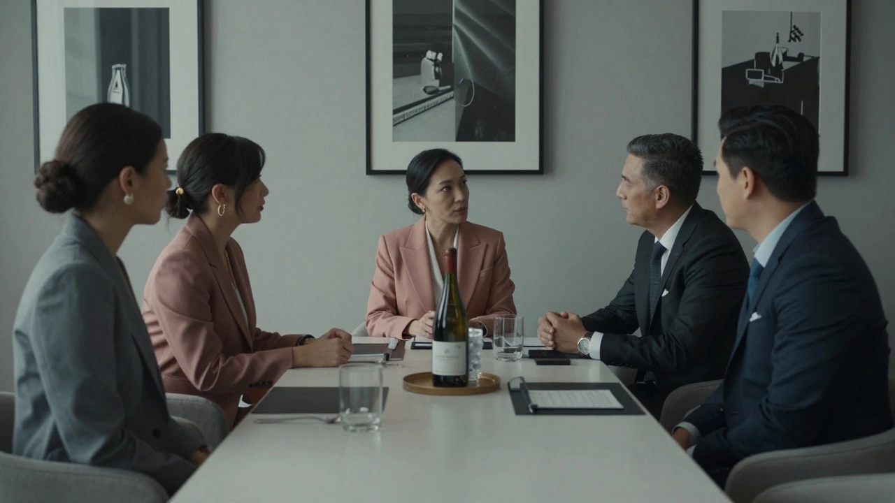 Three professional women engage in quiet conversation with clients in a refined hotel lounge.